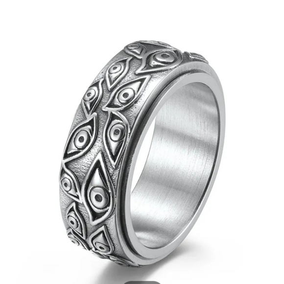 Silver titanium evil eye spinner fidget goth punk ring sz 12 new - Picture 2 of 4